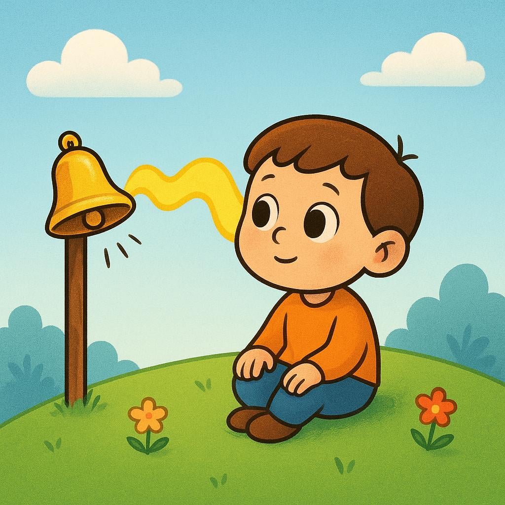 A child sitting on a grassy hill, looking surprised as a bright yellow sound wave flows directly from a ringing silver bell toward the child's ear, illustrating the physical act of hearing.