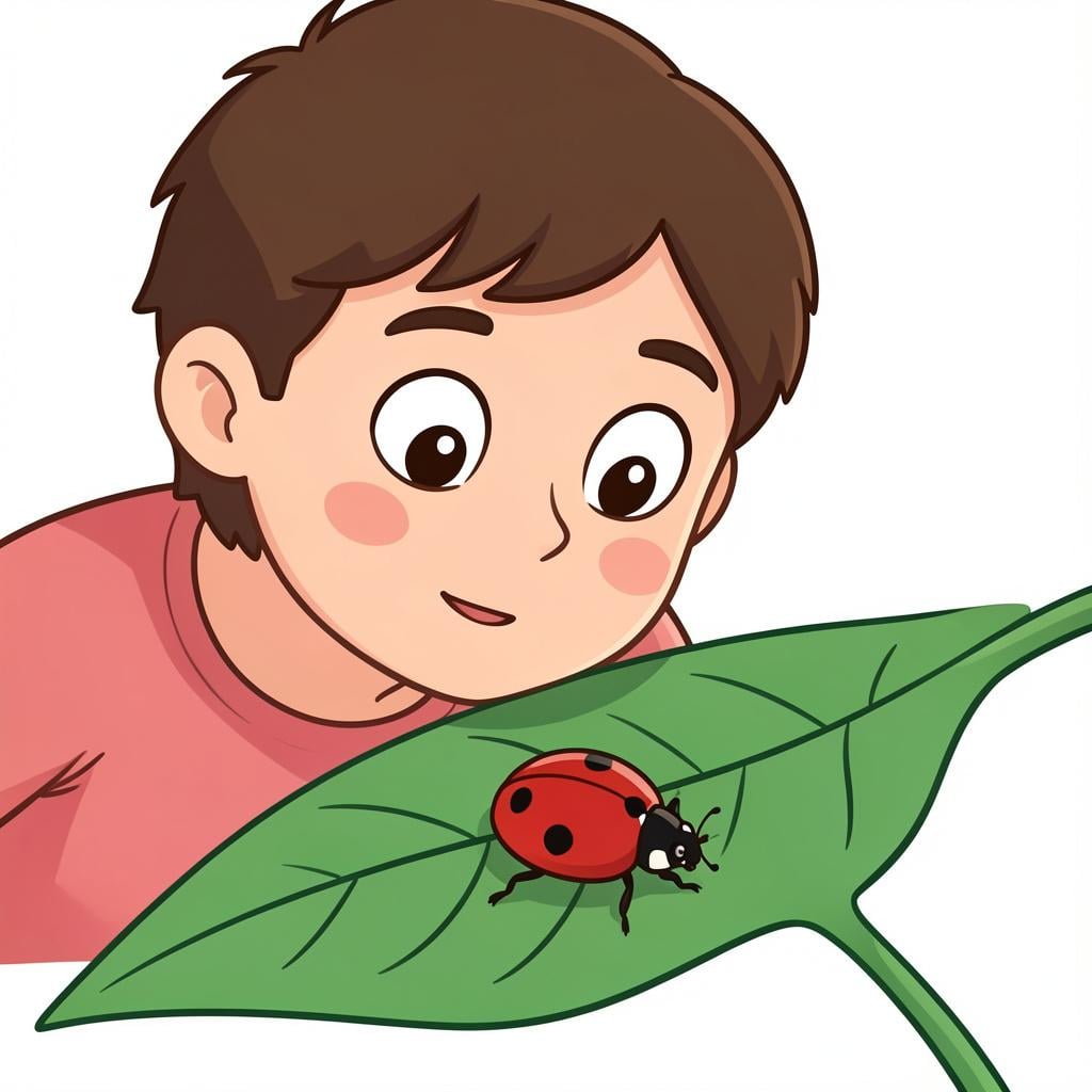A curious person looking closely at a small ladybug on a leaf.