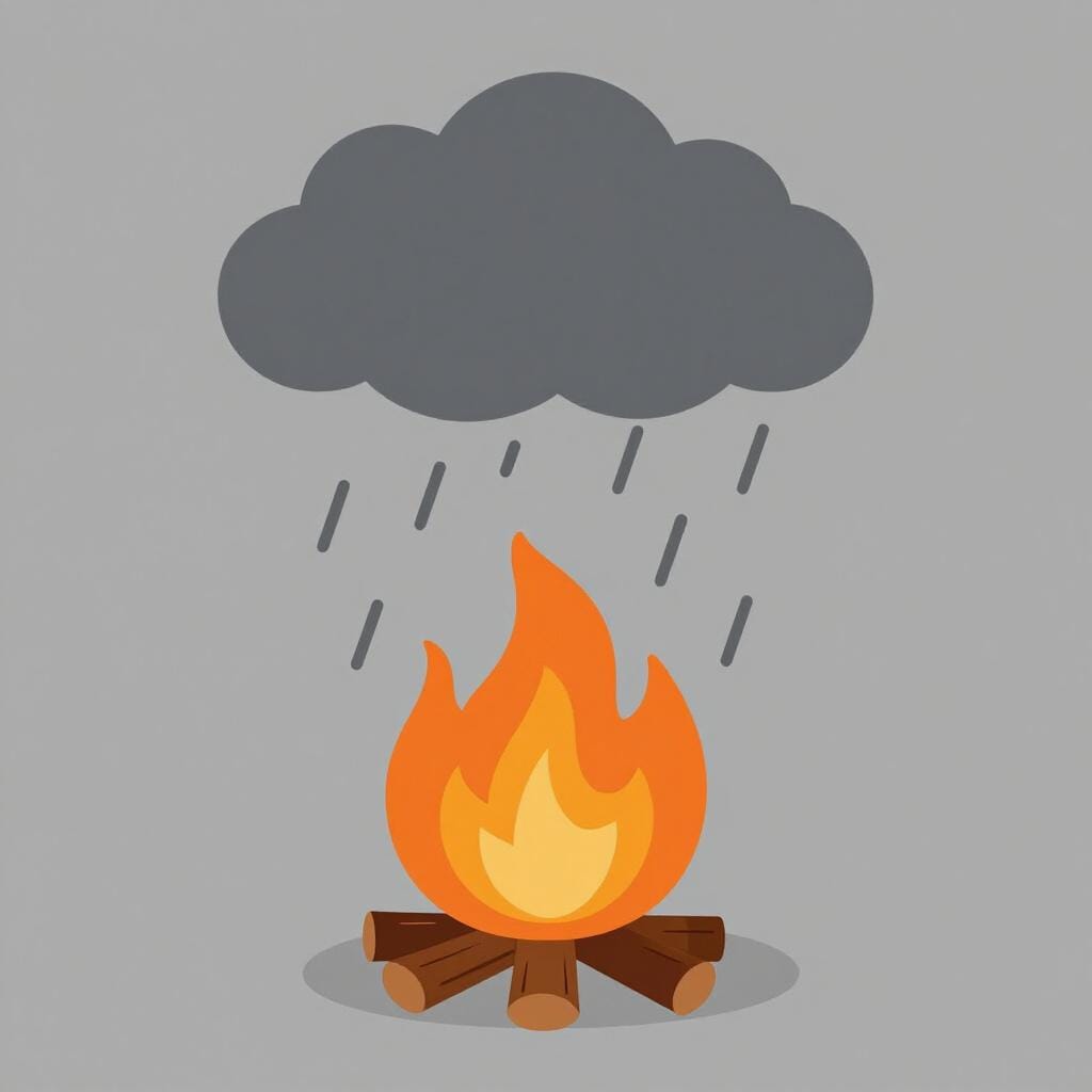 A bright campfire being put out by a heavy rain cloud, turning the bright orange flames into grey smoke.