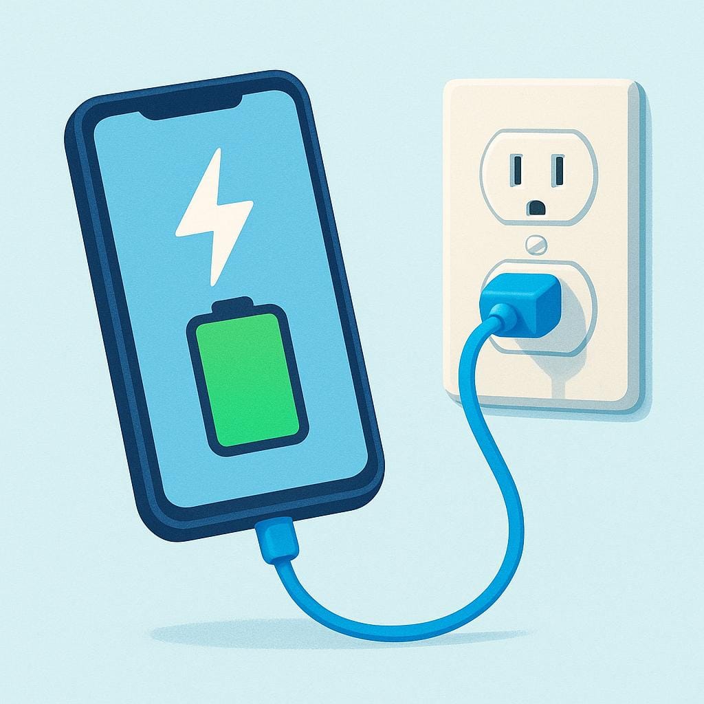 A storybook illustration showing a stylized smartphone plugged into a wall outlet with a cable. The screen shows a green battery icon with a lightning bolt, indicating it is charging.