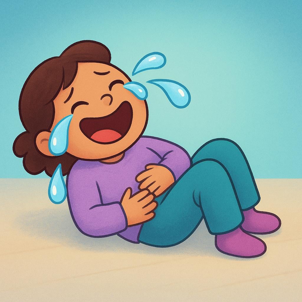 A figure lying on the ground, holding their belly and crying tears of laughter.
