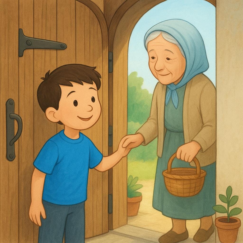 A high-quality simple colorful storybook illustration of a young child politely holding a wooden door open for an elderly person carrying groceries, demonstrating good conduct.