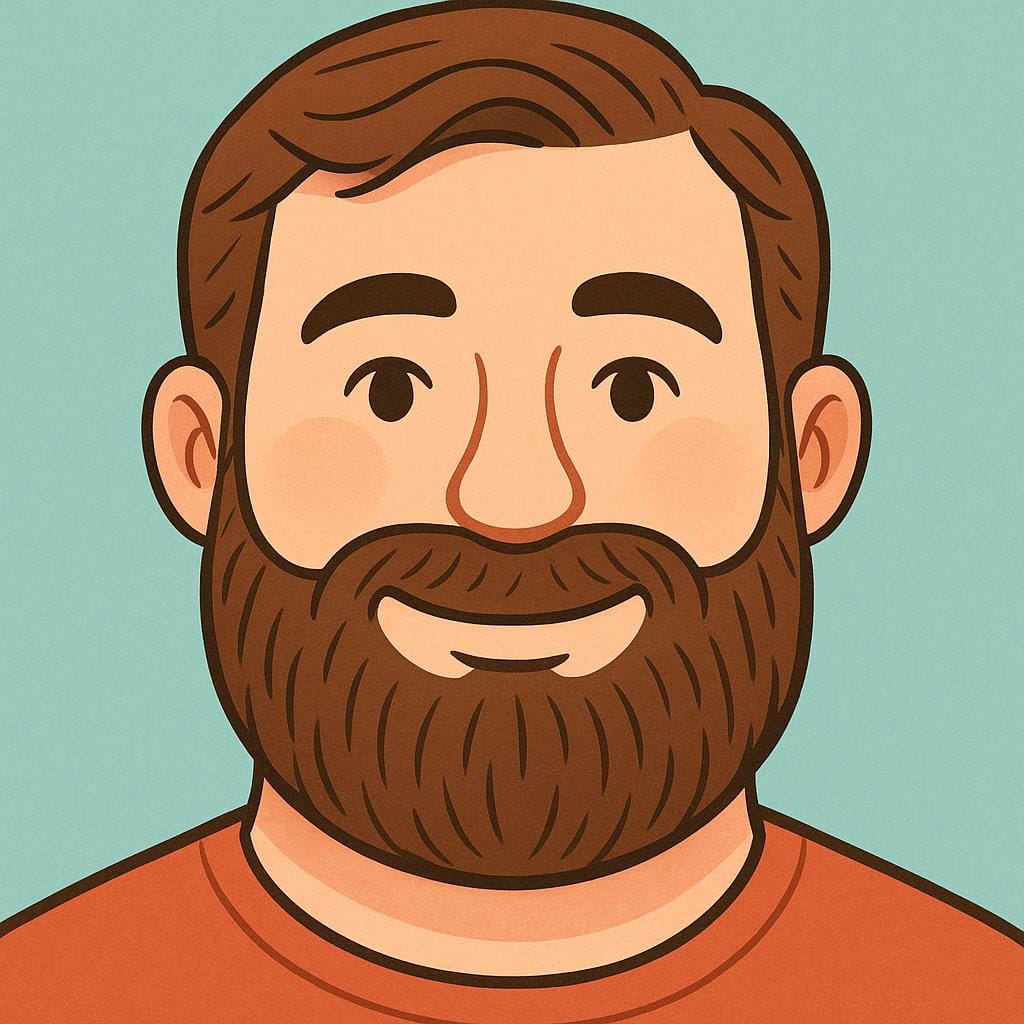 A close-up illustration of a friendly man's face featuring a full, neatly trimmed brown beard.