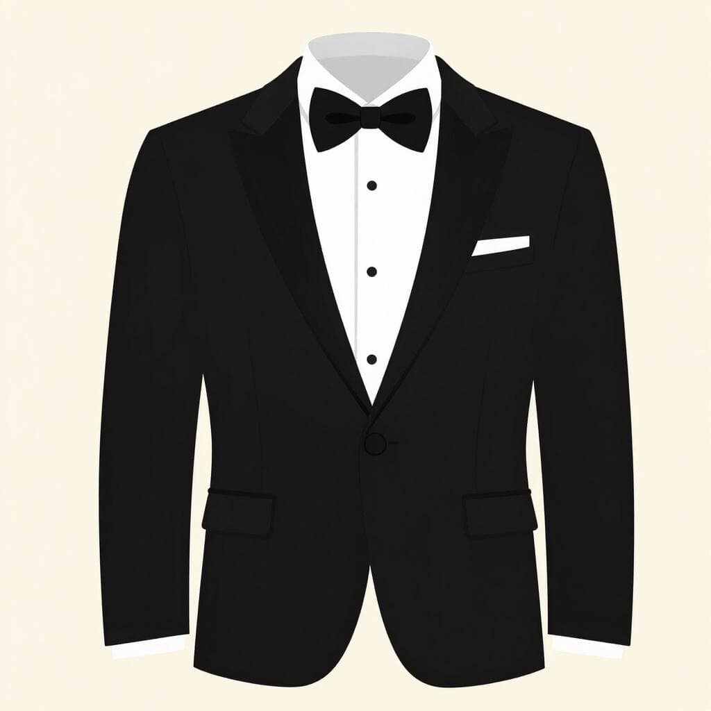Un smoking noir formel avec une chemise blanche et un nœud papillon noir exposé sur un fond simple.