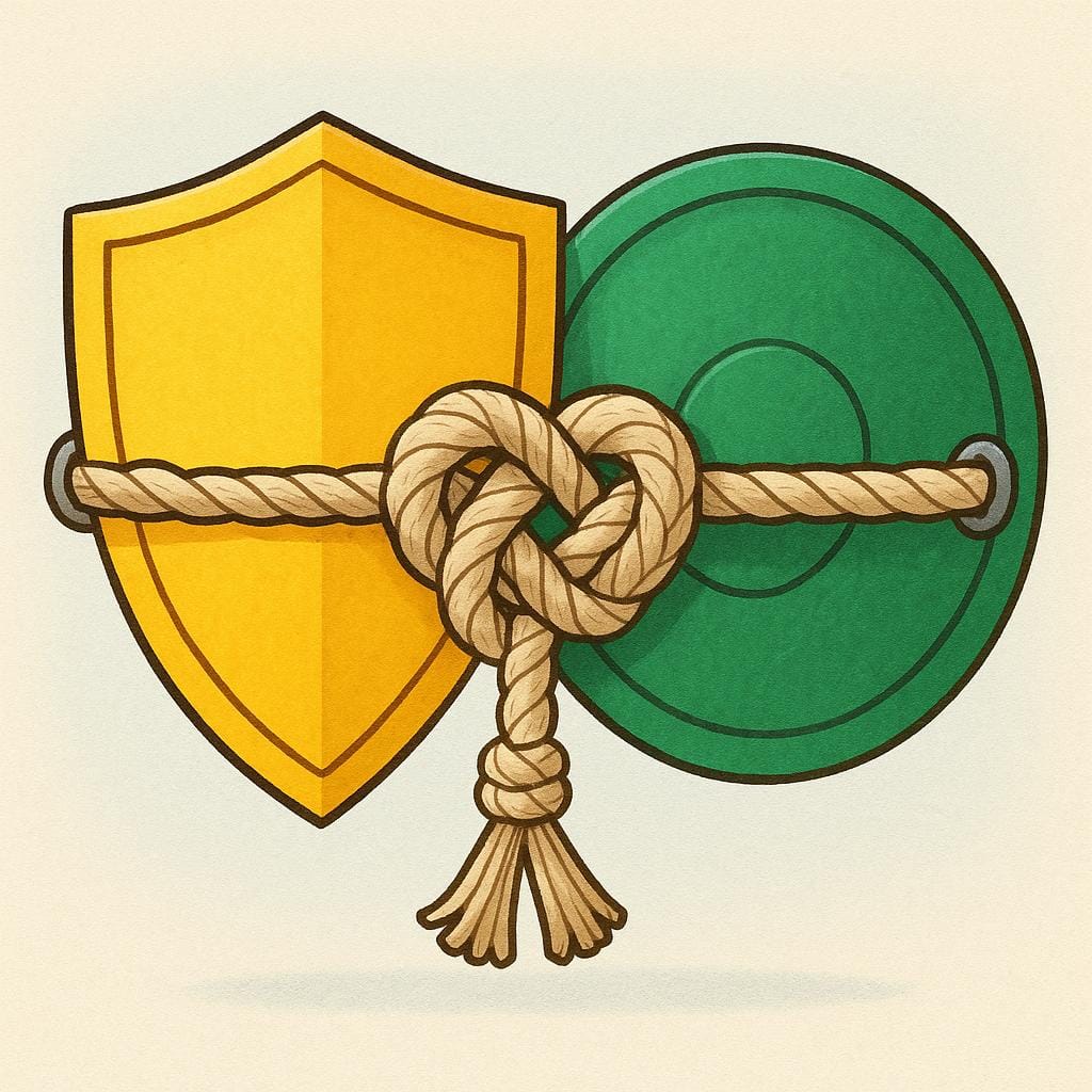Two distinct, colorful shields, one yellow and one green, tightly bound together by a thick, decorative, knotted rope.