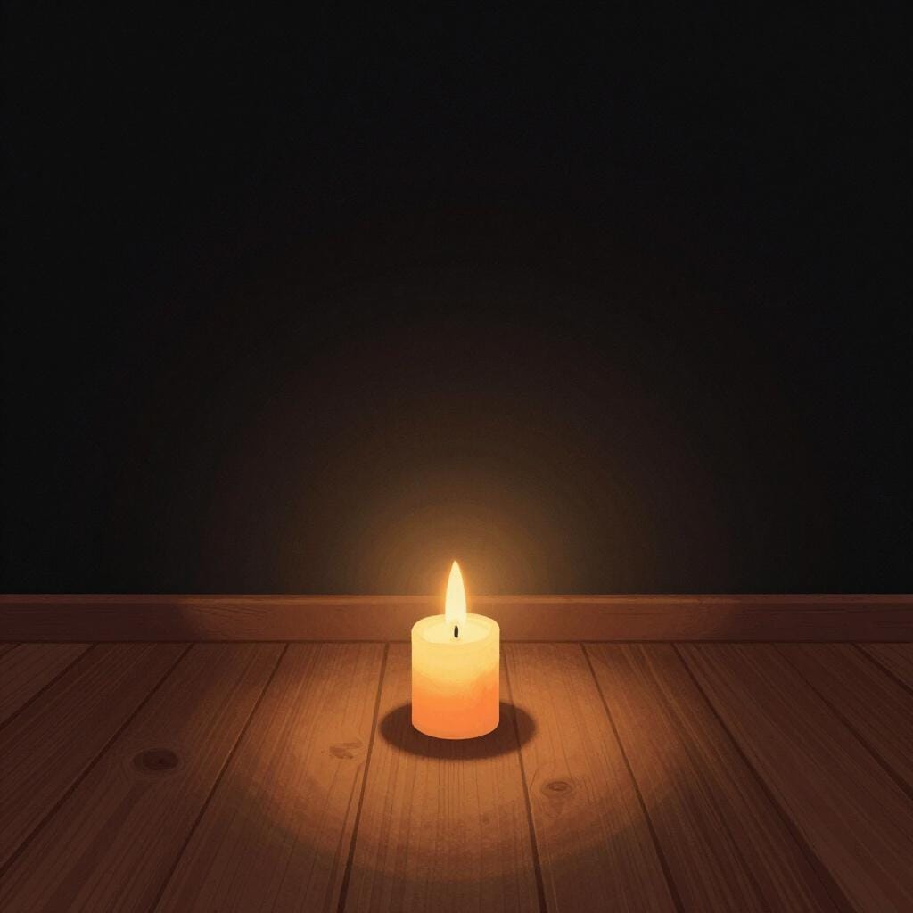 Een enkele kaars die gloeit in een uitgestrekte, pikzwarte kamer, die nauwelijks de omringende schaduwen verlicht.