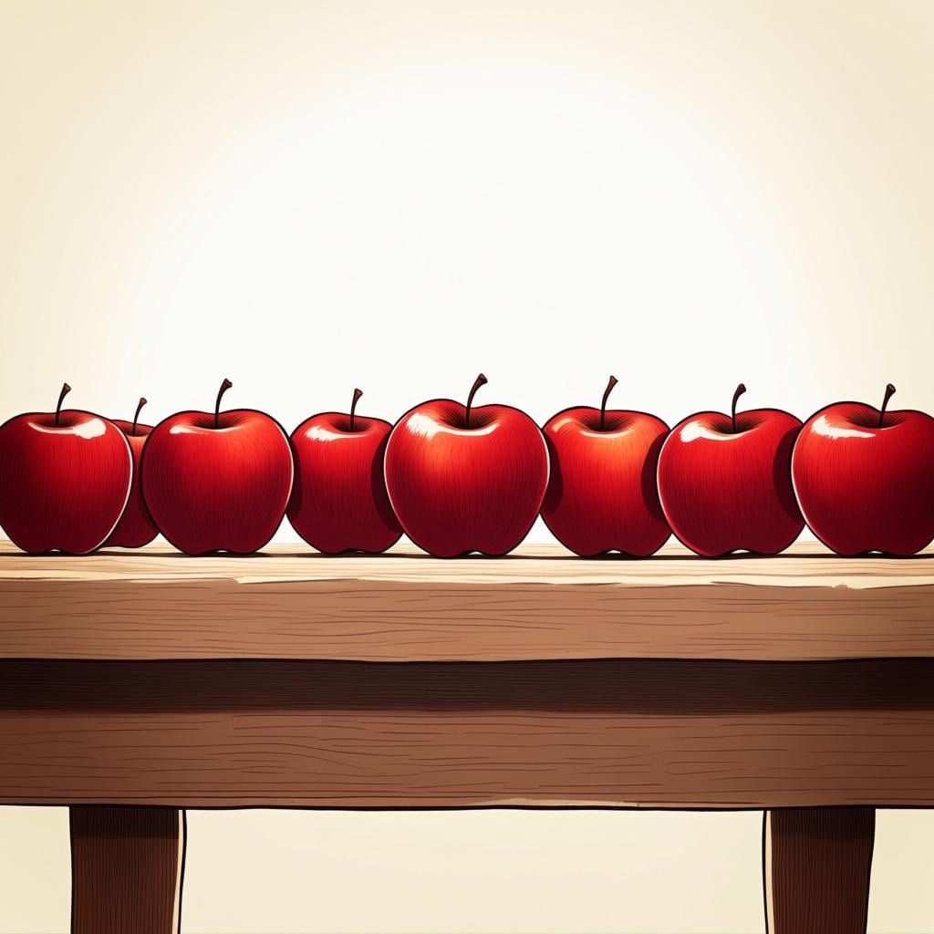 Ten bright red apples arranged neatly in a row on a simple wooden surface, illustrating the quantity.