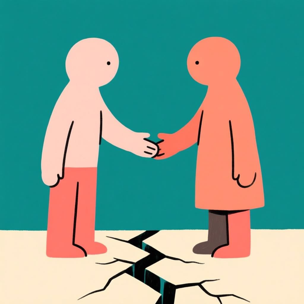 Two stylized human figures standing on opposite sides of a visible crack in the ground. They are reaching across the crack to hold hands, symbolizing forgiveness and reconciliation.