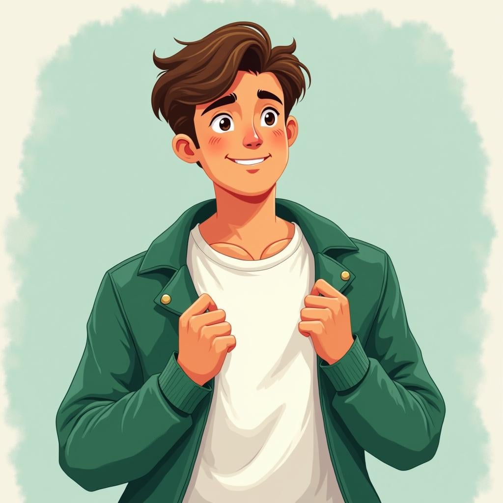 A person wearing a simple outfit is trying on a colorful jacket that fits perfectly and looks very flattering, showing that it suits them.