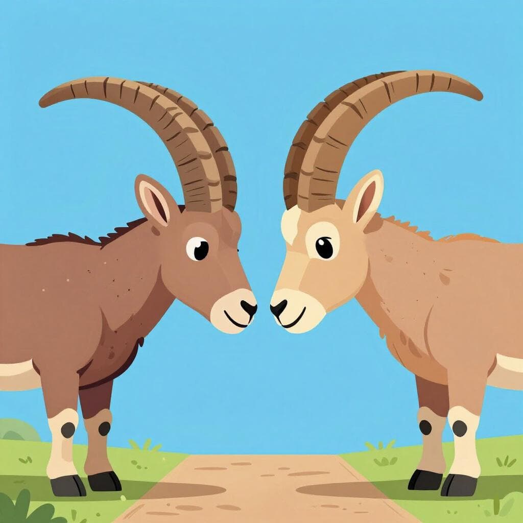 Twee geiten die op een smal bergpad tegenover elkaar staan met hun hoofd gebogen in een gespannen patstelling.