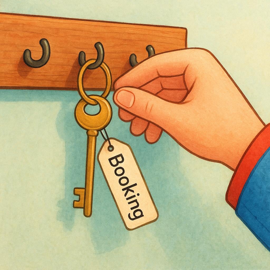 A hand placing a key onto a hook in a key rack, indicating that the room is being reserved.