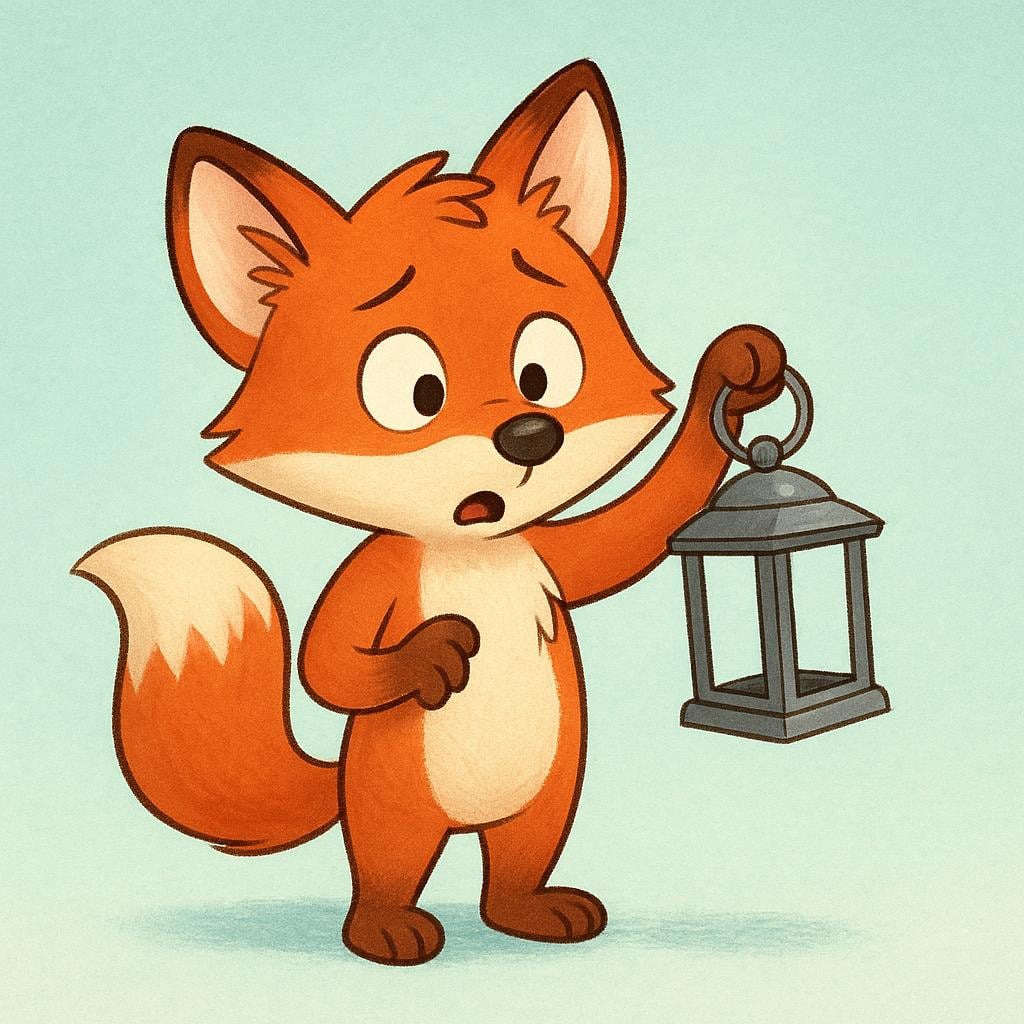 A confused cartoon fox standing and holding a simple, unlit lantern upside down, showing complete unawareness of the object's function.