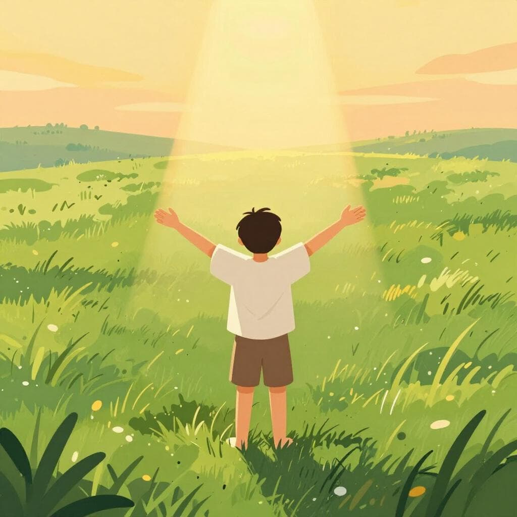 Een helder gouden licht dat schijnt op een persoon die met open armen staat in een vredig groen veld.