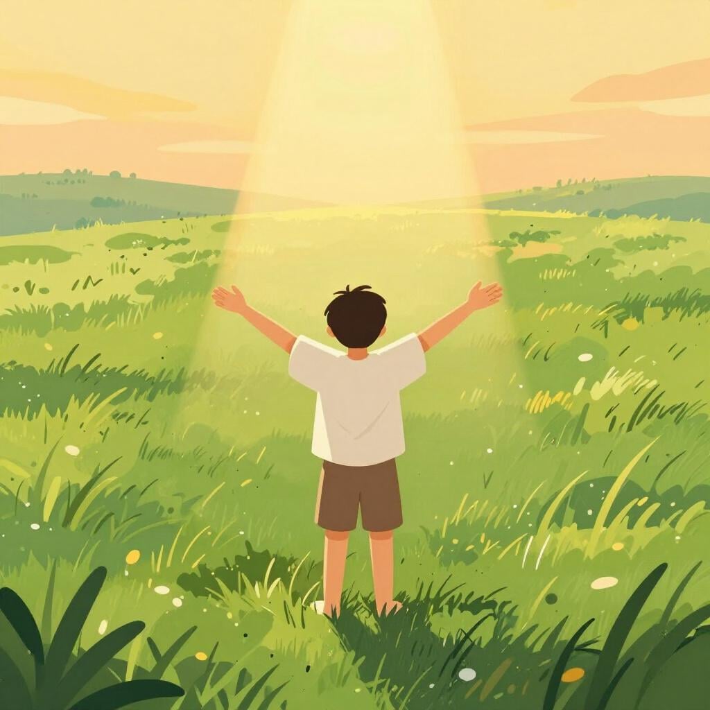 Uma luz dourada brilhante brilhando sobre uma pessoa em pé com os braços abertos em um campo verde pacífico.