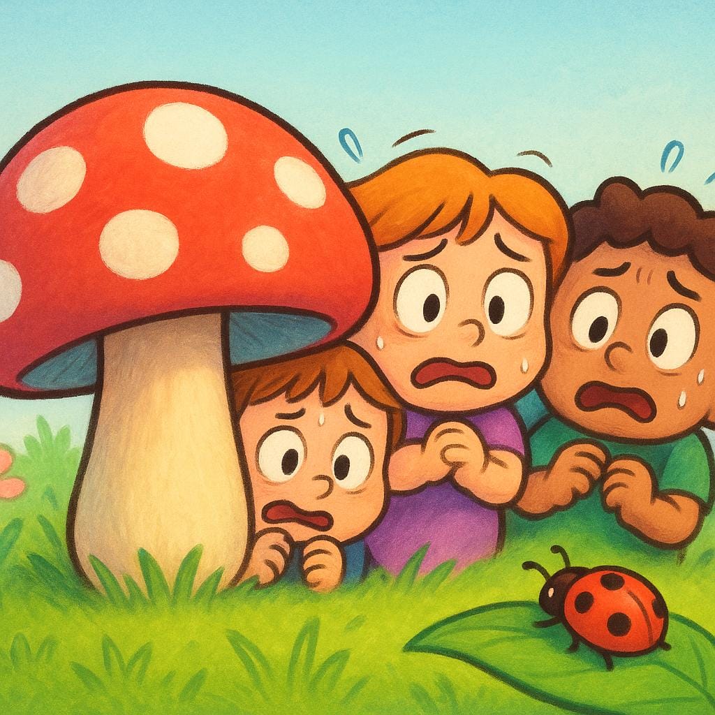 Three small, cartoonish figures huddled together, trembling and hiding behind a tiny bright green bush while a harmless butterfly flutters nearby, illustrating a cowardly act.