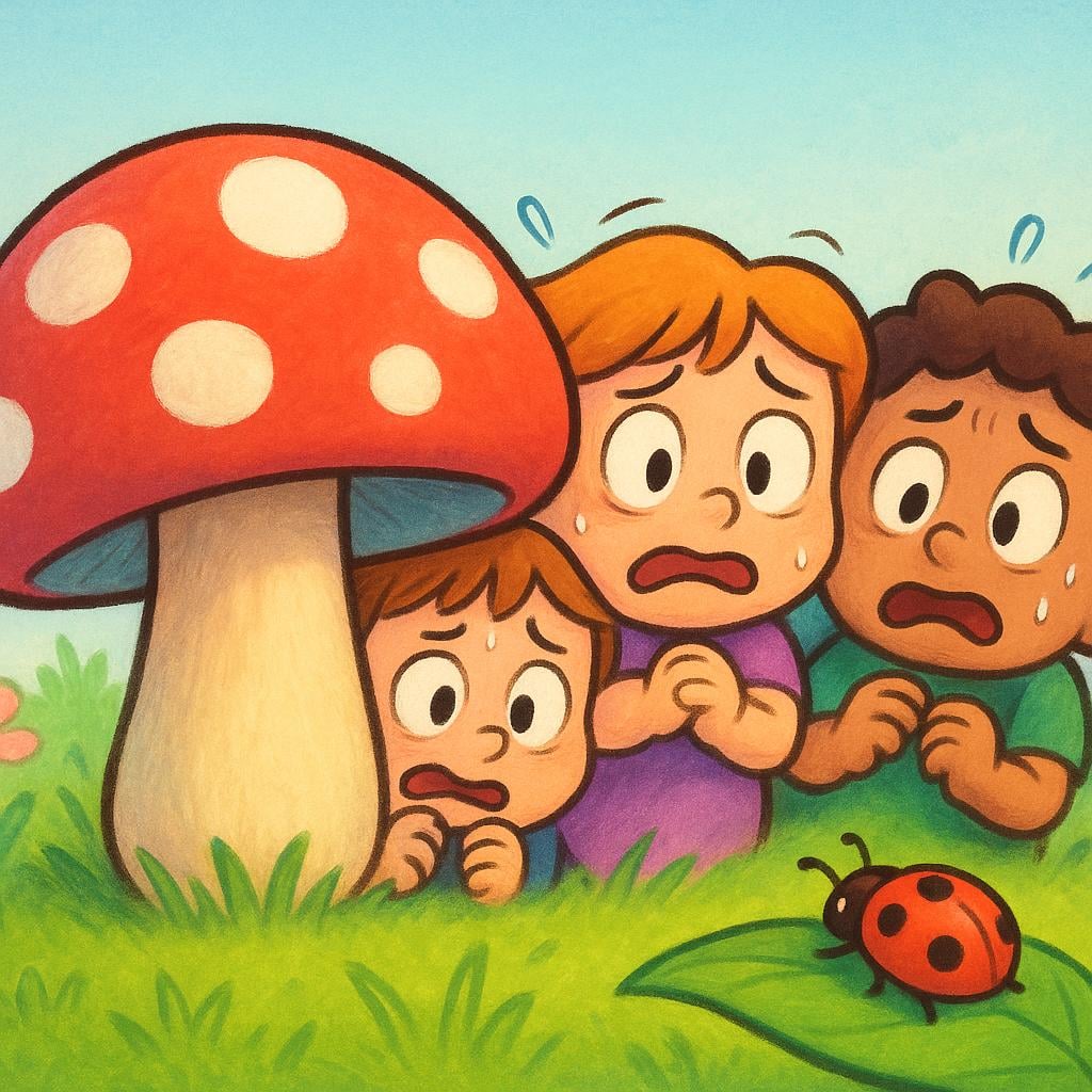 Three small, cartoonish figures huddled together, trembling and hiding behind a tiny bright green bush while a harmless butterfly flutters nearby, illustrating a cowardly act.