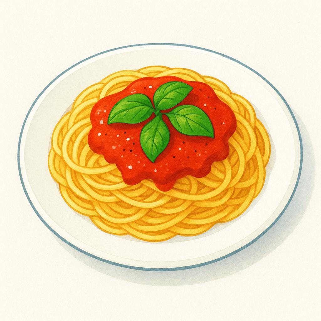 Eén wit bord met een bereide maaltijd van spaghetti bedekt met rode saus en een takje basilicum.