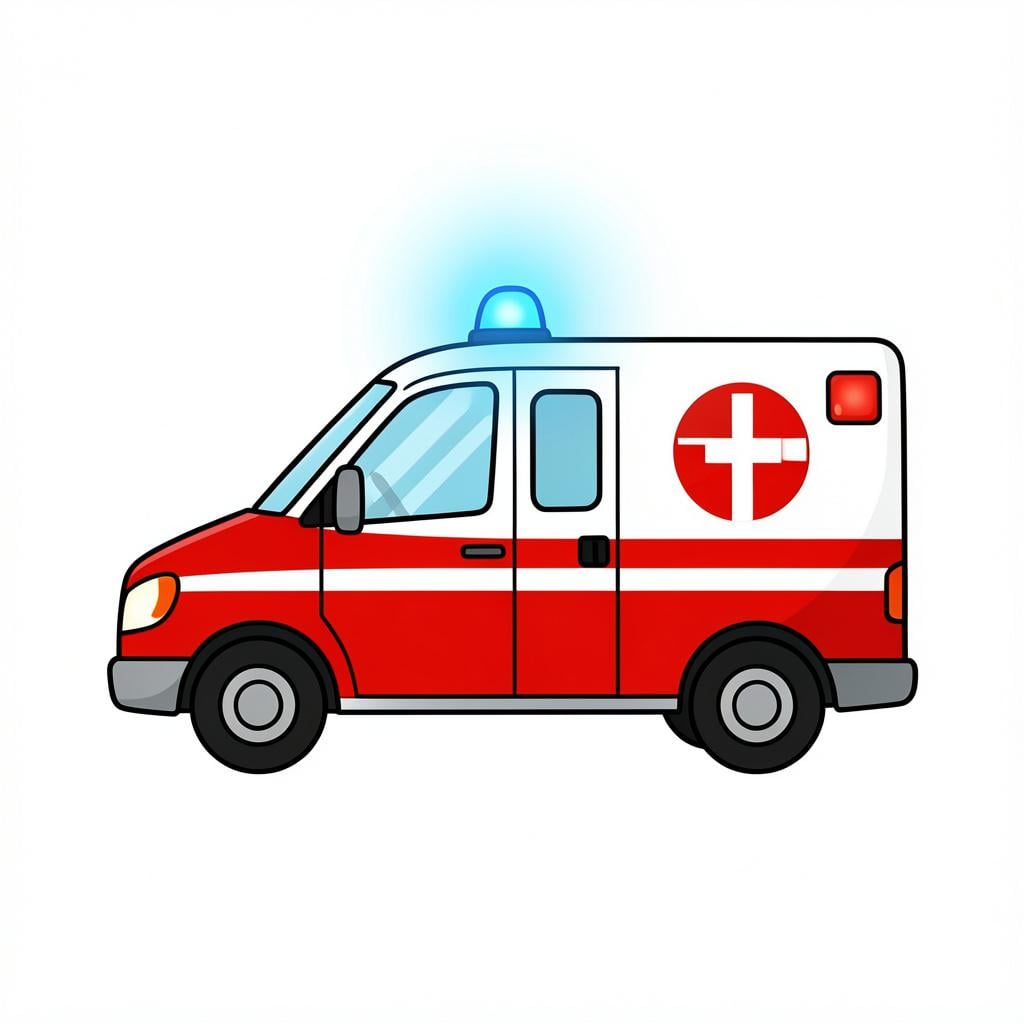 A bright red ambulance with a blue light on top driving quickly.