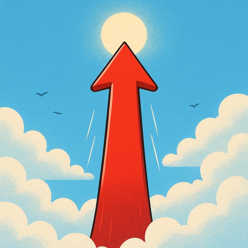 A stylized, thick red line or arrow representing a statistic rises sharply and vertically through the clouds, indicating a massive increase.