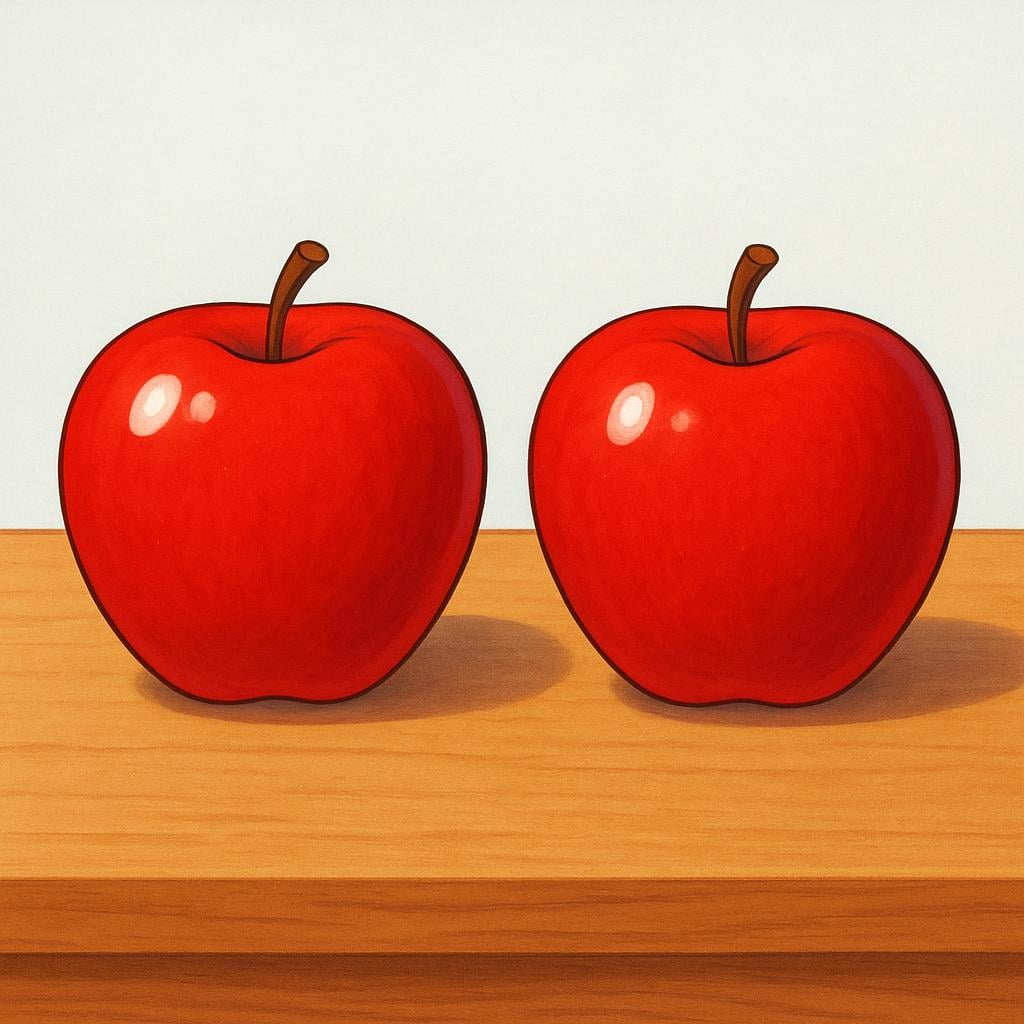 Two perfectly identical, shiny red apples are placed close together on a plain wooden table, clearly resembling each other.
