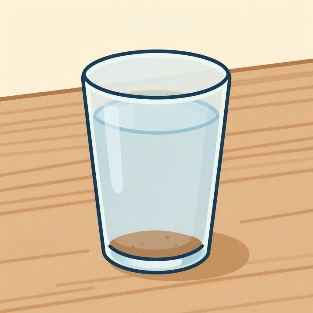 A clear glass of water with a layer of sand settled perfectly at the bottom.