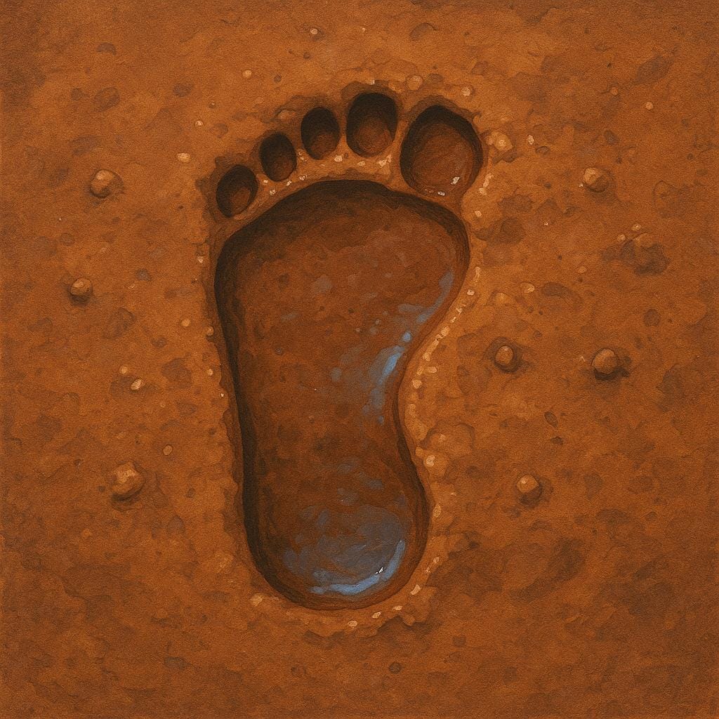 A clear, fresh footprint impressed into wet mud on the ground, indicating something has passed by.