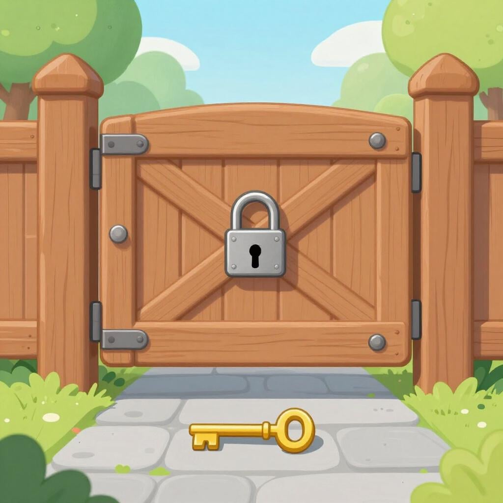 A closed gate with a large keyhole, and a golden key sitting nearby.