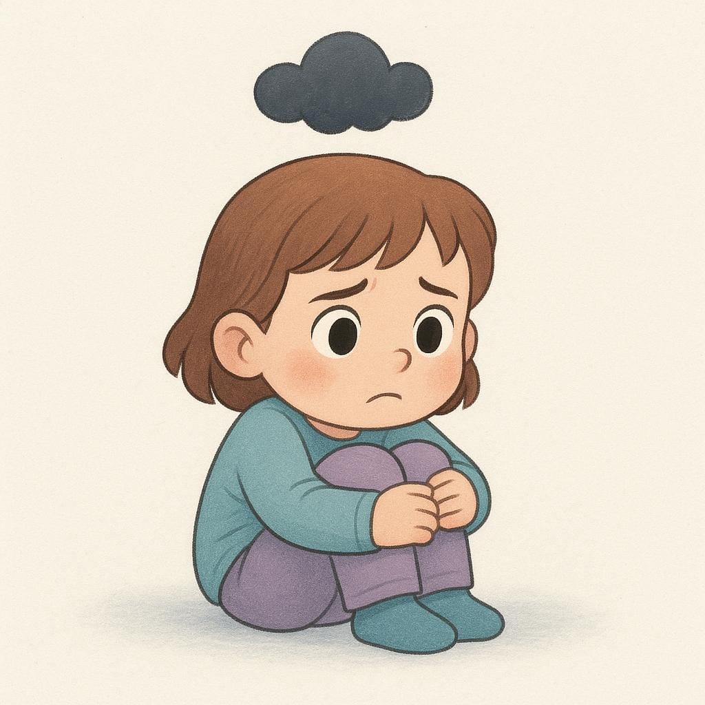 A small child sitting on the floor, hugging their knees tightly, with a worried or distressed expression. A small, dark gray cloud hovers directly above the child's head.