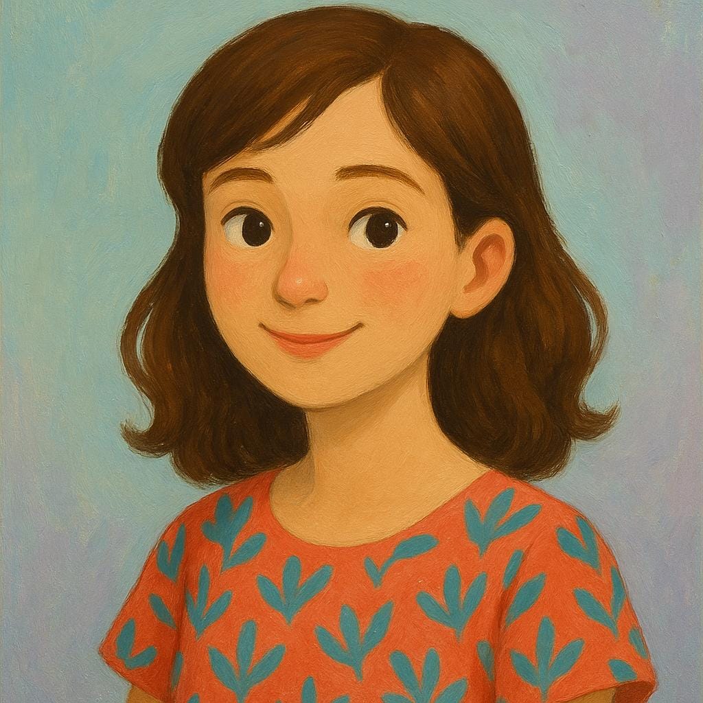 A simple, colorful painting depicting the head and shoulders of a smiling young woman against a plain background.