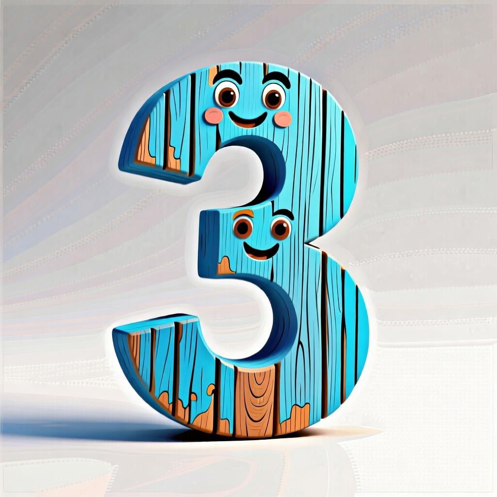A large, stylized wooden number 3 painted blue, standing on a white surface.