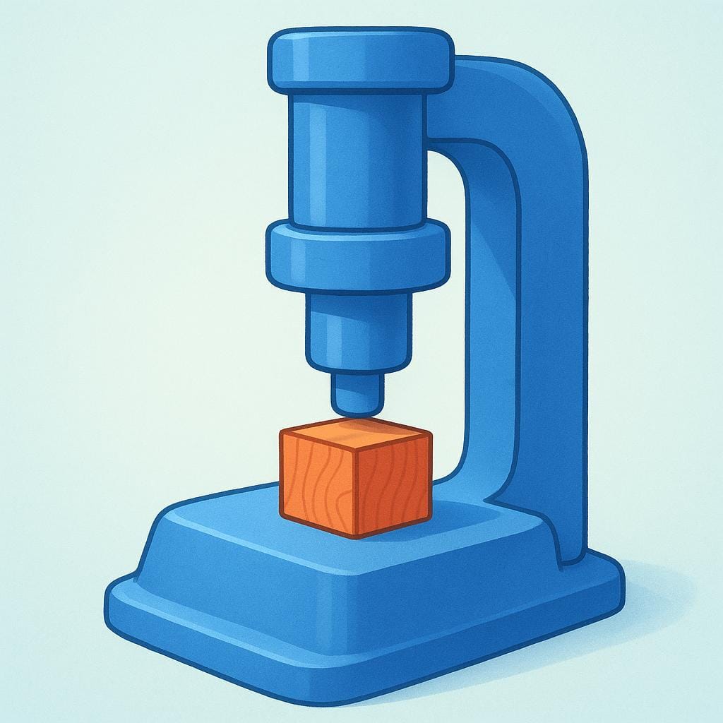 A sturdy, simple mechanical machine press with a large piston descending to squeeze a small object on a platform.