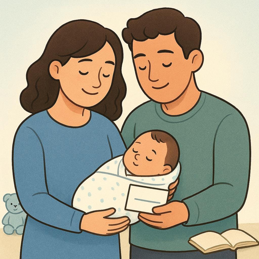 生まれたばかりの赤ちゃんを愛情深く見つめる笑顔のカップル。子供に名前を付けるという未来の動作を象徴している。