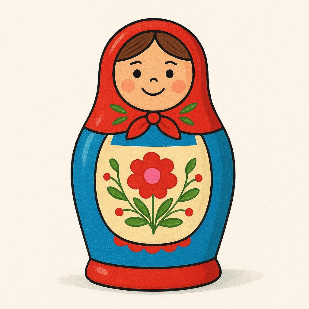 Een felgekleurde traditionele houten Matroesjka (Russische stapelpop) staand op een eenvoudig oppervlak.