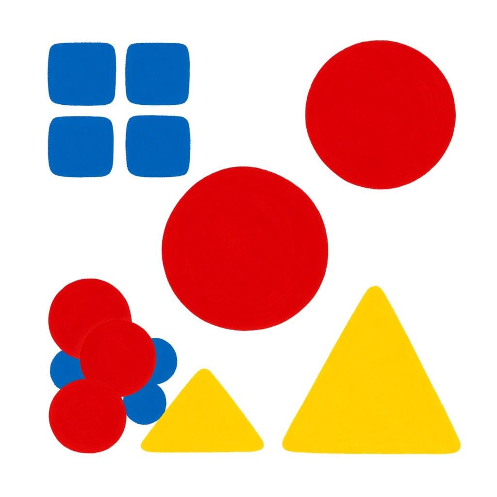 A collection of colorful geometric shapes (squares, circles, and triangles) neatly separated into three distinct, organized clusters on a white background, representing classification or category.