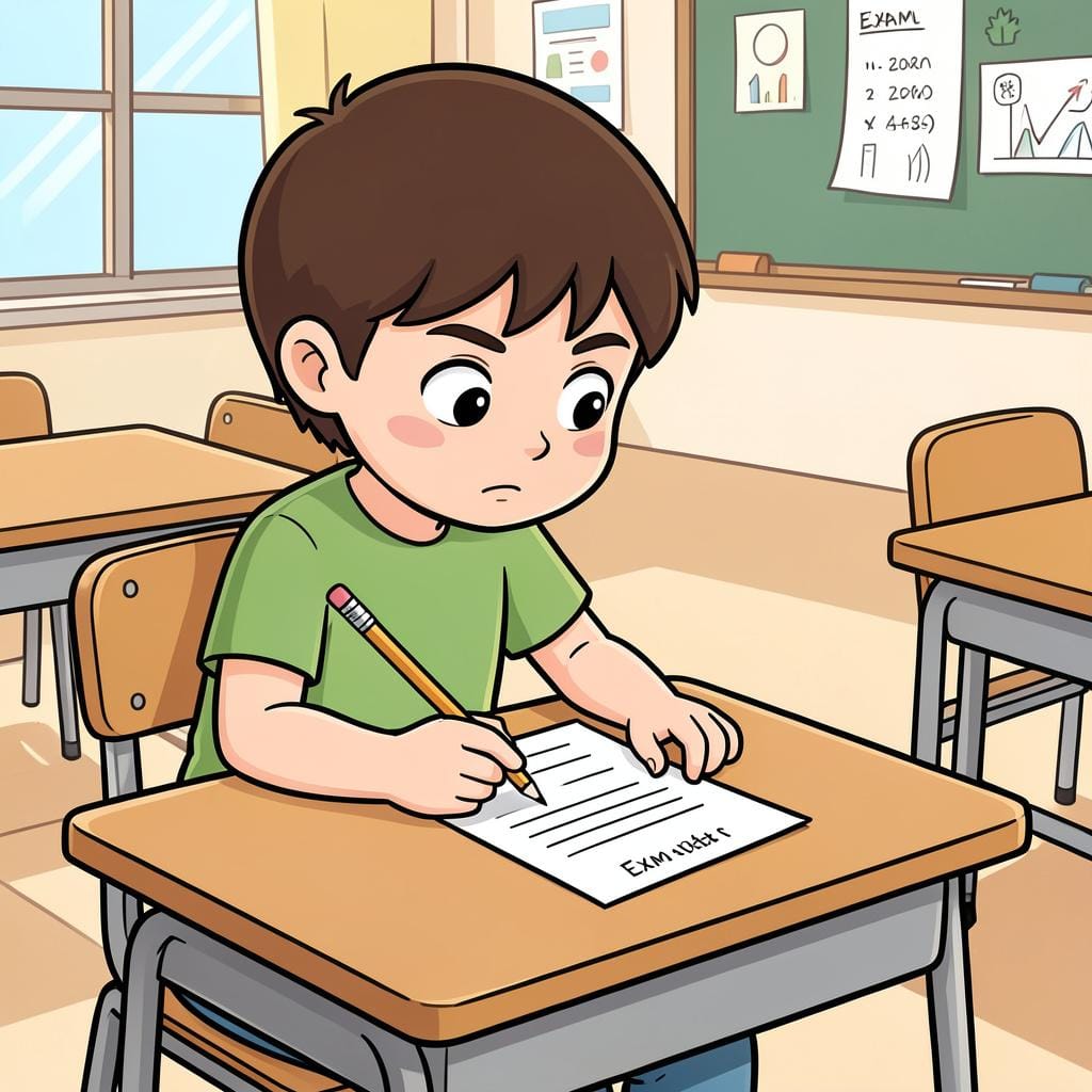 Ein Schüler sitzt an einem Holztisch und konzentriert sich auf ein Blatt Papier mit einem Bleistift in der Hand.