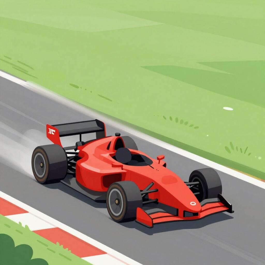 A bright red race car zooming fast along a curved track with motion lines behind it.
