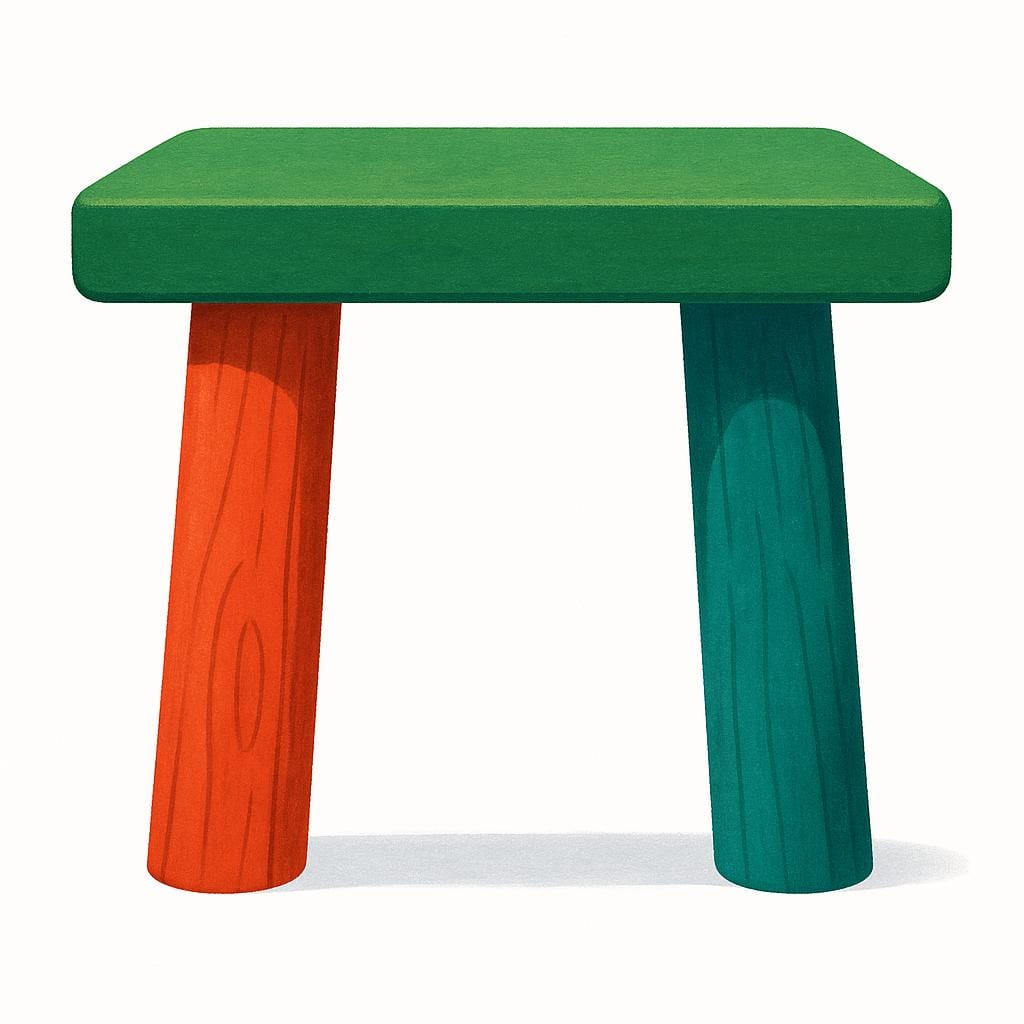 Zwei dicke Holzbalken stützen strukturell ein großes grünes Dach.