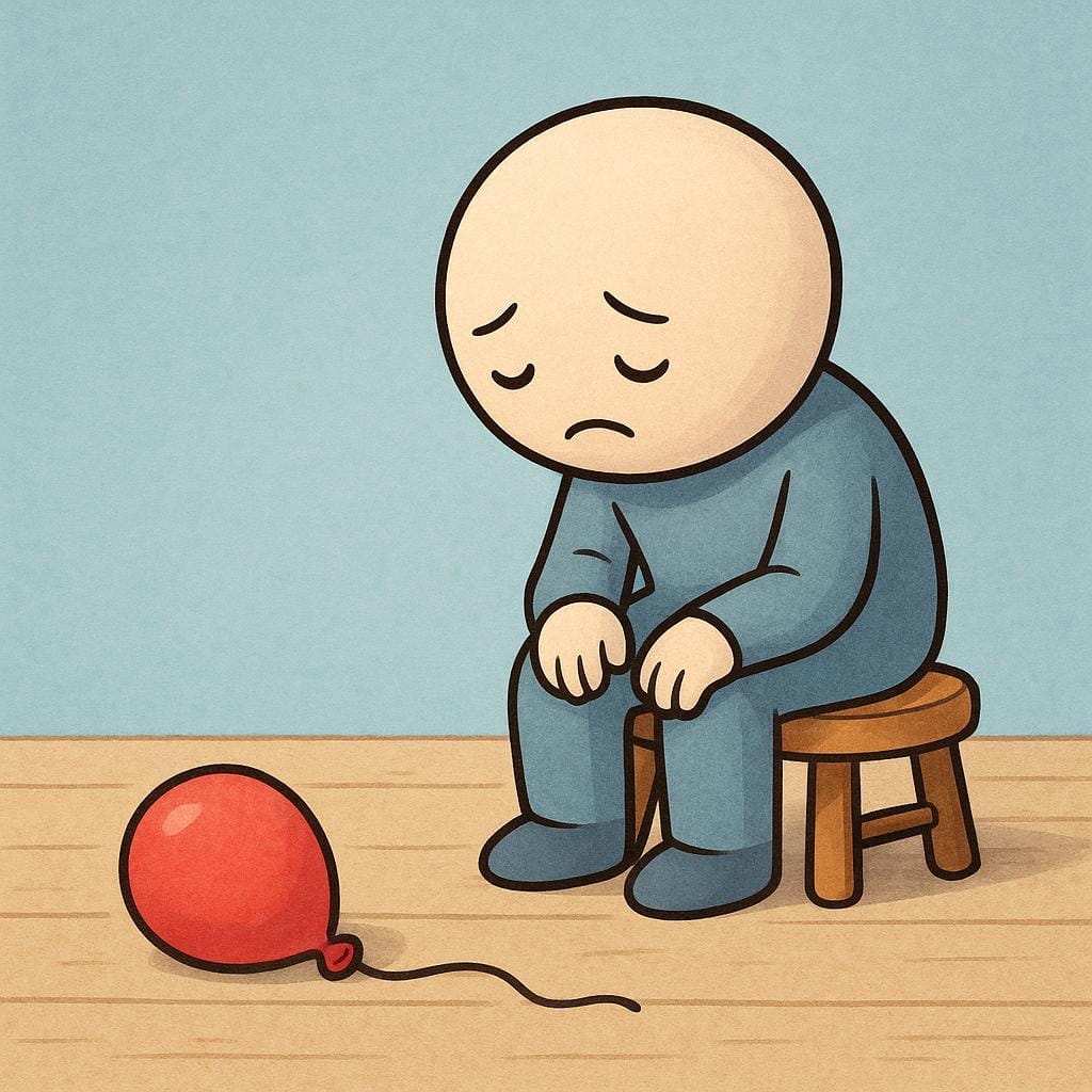 A solitary, simple cartoon figure sitting dejectedly on a wooden stool, looking sad, with a single deflated red balloon resting on the floor nearby.