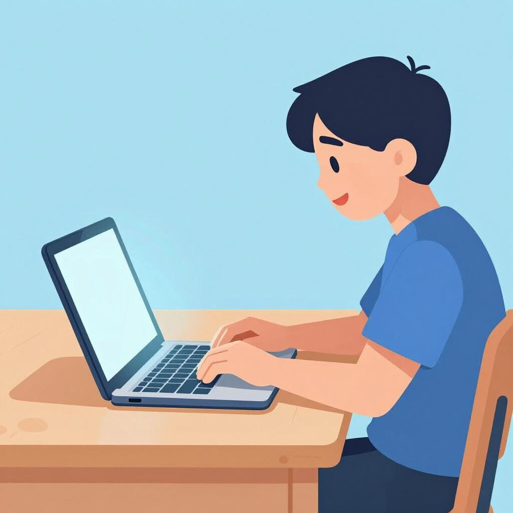 A friendly person sitting at a desk, smiling while using a laptop computer.