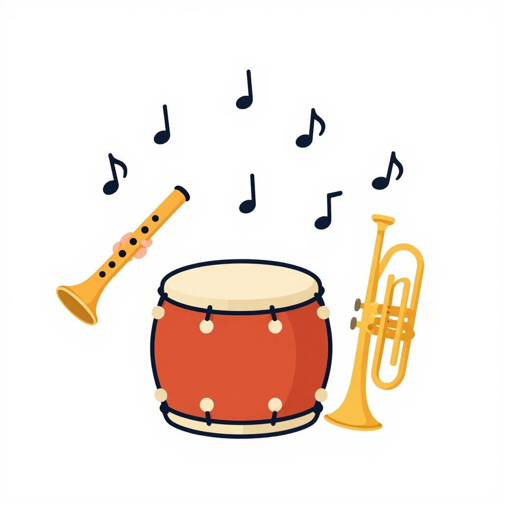 A row of colorful musical instruments including a drum, a flute, and a trumpet on a white background.
