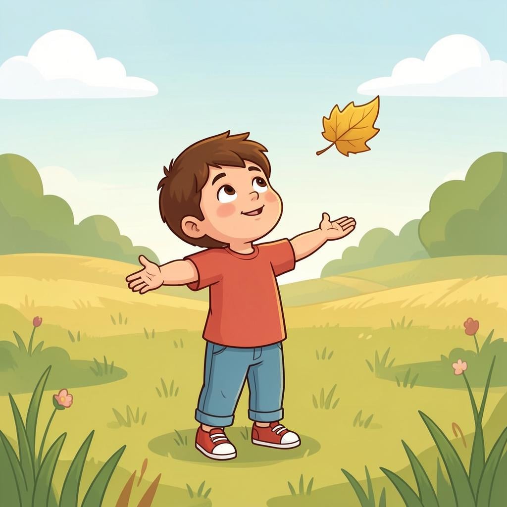 A child with open arms looking up hopefully as a single golden leaf falls from the sky.