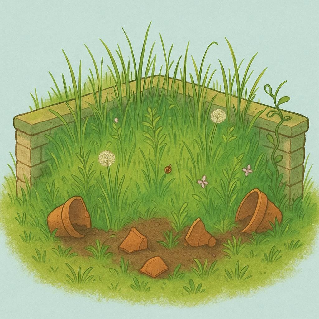 An image of an outdoor garden plot completely overgrown with weeds and wild grass, illustrating the state of being neglected.