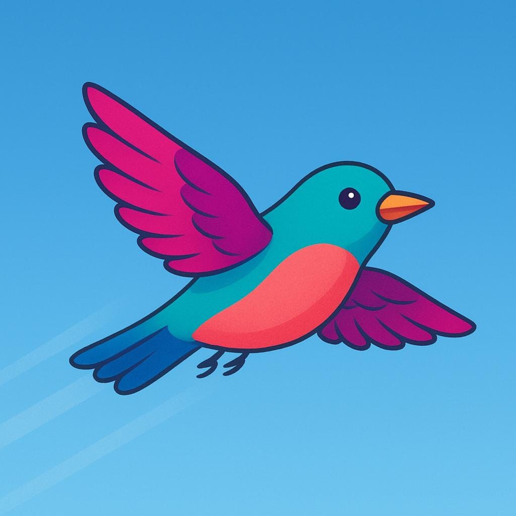 A simple storybook illustration of a friendly yellow bird flying steadily across a blue sky, moving from the background toward the viewer, illustrating continuous past movement.