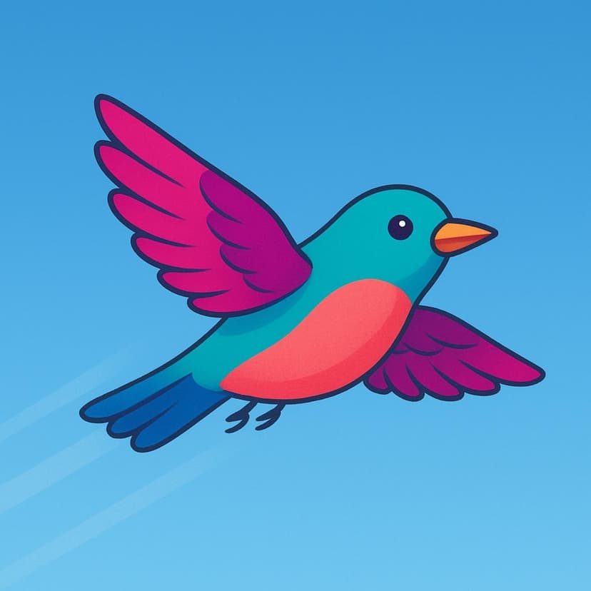 A simple storybook illustration of a friendly yellow bird flying steadily across a blue sky, moving from the background toward the viewer, illustrating continuous past movement.