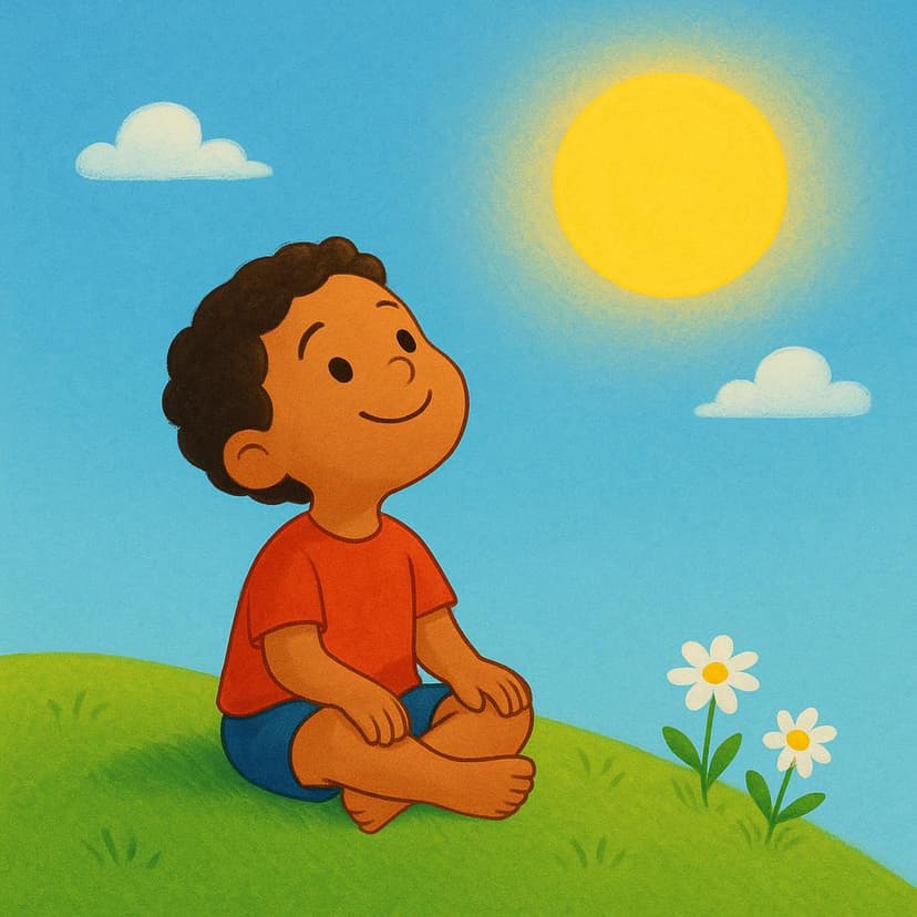A cheerful child sitting on a bright grassy hill, looking up at a stylized sun, symbolizing a state of well-being and happiness.
