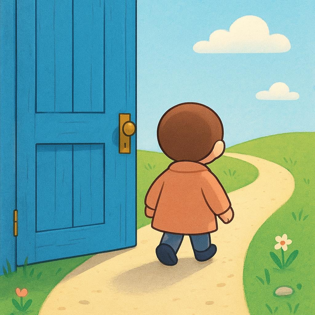 A small, cartoonish figure, viewed from the back, has just stepped completely outside of a brightly colored blue wooden door and is walking away. The door is slightly ajar behind them, indicating they have completed the action of exiting.