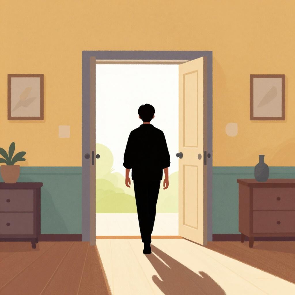 A person walking through an open doorway into a bright, welcoming room.