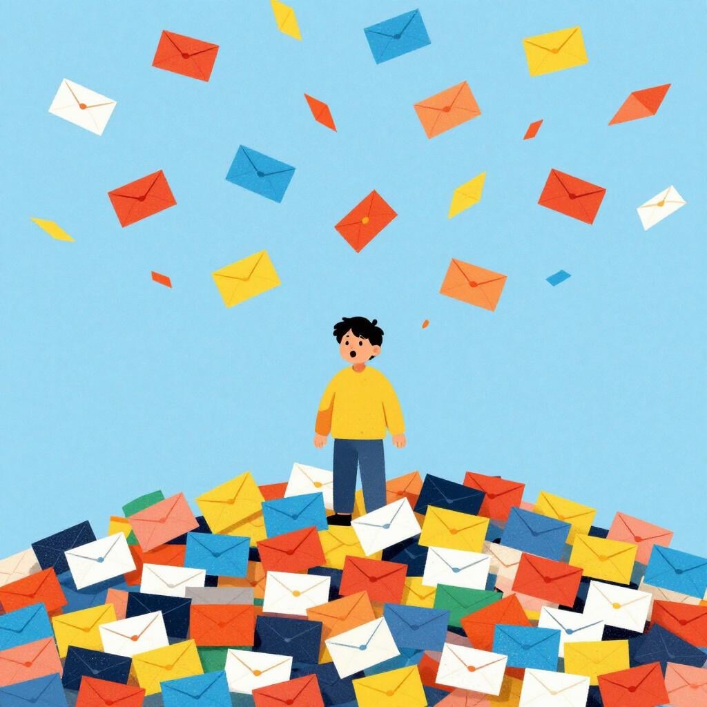 カラフルな封筒の巨大な山に圧倒されている小さなキャラクター。