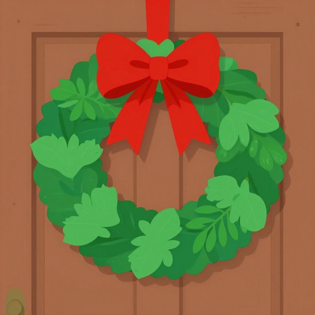 Een kleurrijke feestelijke krans hangend aan een houten deur.