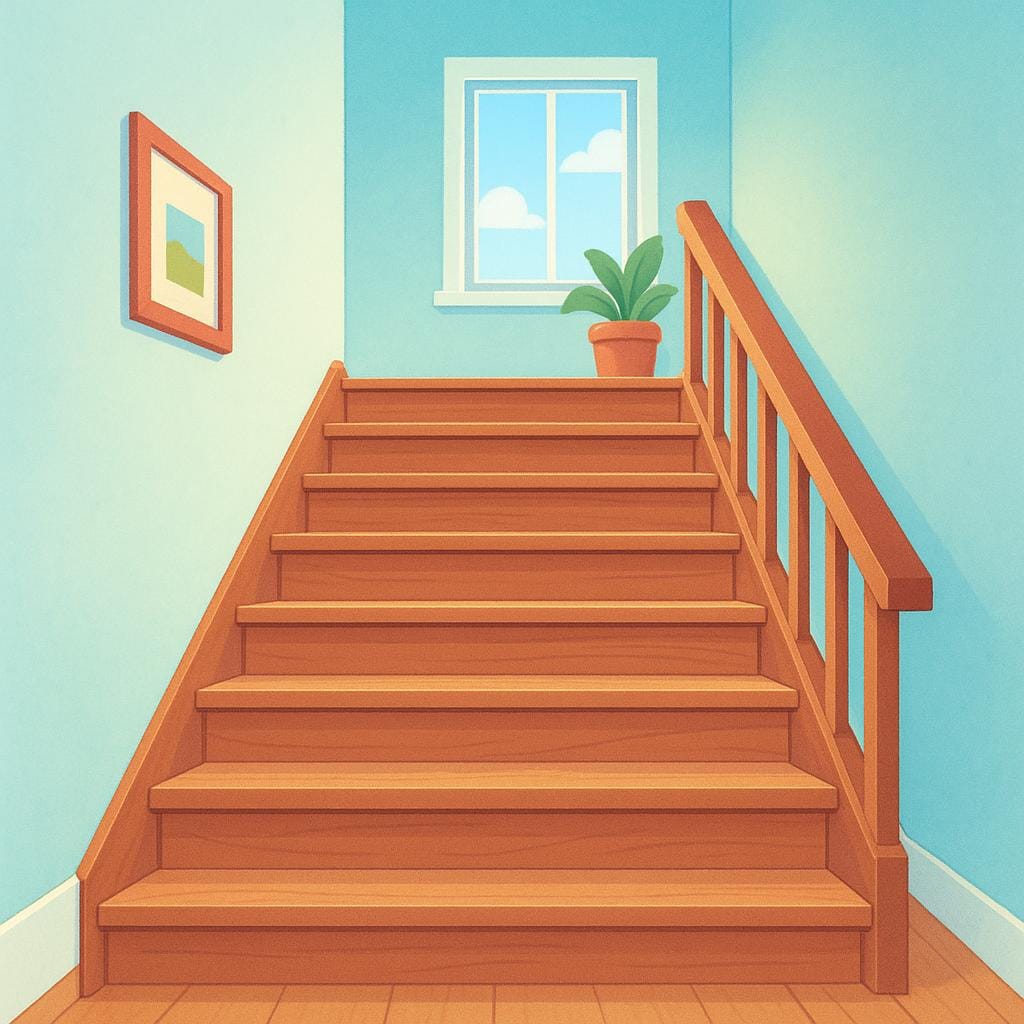 A sturdy wooden staircase fixed inside a brightly lit building, illustrating a set of stairs.